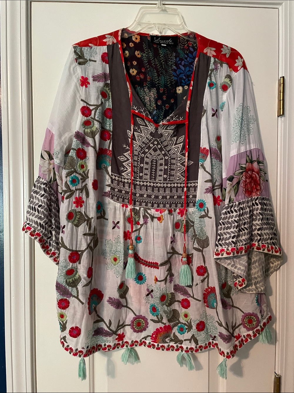 Embroidered Boho Tunic Top - White with Teal & Red